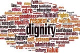 A word cloud centered on the word dignity, surrounded by related values like respect, equality, human rights, self worth, justice, and compassion.