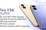 Vivo Y36i in two colours — Galaxy Gold and Fantasy Purple displaying back panel and cameras.