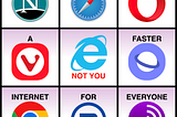 Grid with 9 boxes with a word and a browser logo. The sentence reads: ‘Thank you for building faster internet for everyone’. The center panel (with the IE logo) reads ‘not you’