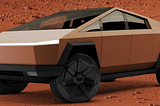 Image of a brown Tesla Cybertruck on a brown desert background.