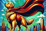 A majestic Golden Retriever wearing a red superhero cape, standing proudly on a pedestal with a cityscape background. The image has a vibrant, comic book-style aesthetic with bold, saturated colors and exaggerated textures. The Golden Retriever’s cape billows dramatically in the wind, symbolizing the dog’s influencer superpowers.