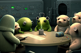 A group of animals and aliens surrounding a table looking at a sculpture.