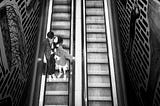 A black and white photo shows a twin set of escalators, with a hetero-presenting couple on the left, about to kiss.