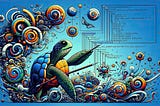 Vibrant digital artwork featuring a sea turtle and swirling patterns, merging coding elements with oceanic beauty, symbolizing the fusion of nature and technology.