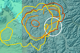 Topographic Yellowstone with calderas denoted by colored lines