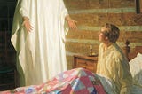 Joseph Smith lays in Bed as the angel Moroni speaks to him
