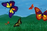 Colorful butterflies gracefully float above a lush green meadow under a clear blue sky. Various shades of purple, red, yellow, and orange decorate their wings, creating a vibrant scene.