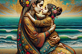 In the photo, one Iranian woman with a child are illustrated gazing into each other’s eyes in a close embrace at the sea, rendered in intricate detail, often with a rich palette of colors and gold leaf. The woman has braids hairstyle and is wearing midi dress