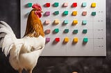 a chicken looking at sticky notes on a whiteboard, surrounded by a handful of eggs