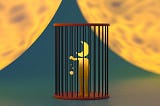 A glowing yellow figure with a crescent moon-shaped head is inside a circular black cage, holding a small hanging ornament. The background features soft, glowing, abstract orbs with warm yellow and orange tones, creating a surreal, dreamlike atmosphere. The scene suggests themes of entrapment, introspection, or celestial symbolism.