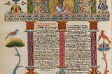 An illuminated Biblical text with three central pillars, Jesus watching overtop, and texted interspersed inbetween.
