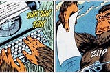 A monkey finishes typing a page on a typewriter and pulls it out decisively with a ZIIP sound effect