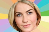 Face of a young woman with blonde hair and blue eyes surrounded by different colors from her seasonal color analysis palette