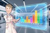 Cartoon doctor analyzing marketing performance data on a digital dashboard with bar charts and upward trends, representing strategic marketing diagnosis and growth.
