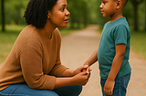 Mom having a discussion with ADHD child in a park setting.