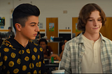 From left to right: Koosh (Bardia Seiri) and Benj (Mason Thames) try to hold a conversation with girls. Credit: YouTube/Netflix