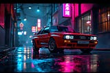 "Un Audi Ur-Quattro rojo está estacionado en una calle urbana oscura y mojada. Luces de neón brillantes en tonos rosados y azules iluminan el entorno, reflejándose en el pavimento húmedo. En el fondo, edificios con letreros en caracteres chinos aportan un ambiente futurista y nocturno. El coche, con su diseño deportivo y clásico, destaca en el centro de la escena.