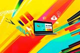 a vibrant solo entrepreneur workspace filled with bold, colorful visuals like marketing charts, email symbols, lead magnet checklists, social media icons, and content strategy diagram