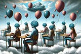 surreal and metaphorical representation of students in a classroom. The students’ heads are replaced by balloons, symbolizing the social control of minds. Image created by Mohamed Bakry with AI tool — the author has the provenance and copyright.