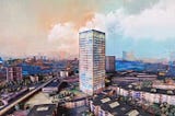 A painting of Grenfell Tower, pre 2017, by ‘artists for grenfell’.