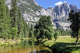 View of Merced River from Swinging Bridge in Yosemite Valley