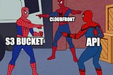 The spiderman pointing at spiderman meme, with a CLOUDFRONT spiderman pointing to an S3 BUCKET spiderman pointing to an API spiderman
