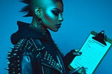 A young woman of color who is styled like a punk fills in a paper questionnaire.