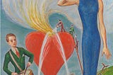 Goauche and watercolor painting by Nils Dardel, depicting a giant heart, people trying to extinguish it, on a ladder, with water buckets that are too small. In front stands a beautiful, elegant woman holding a torch, behind her a guy drumming on a drumkit.