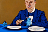 An illustration of Elon Musk apparently dining up a blue bird. Created with the MidJourney AI art bot.