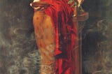 A painting of the Pythia, the Delphic Oracle, seated on a tripod. She wears a red veil and robe, holding a branch and a dish. Smoke surrounds her as she delivers a prophecy.