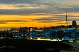 Sunset over Shoreham-by-Sea from the Emerald Quay slipway.