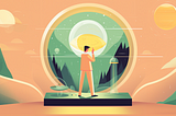 An illustration of a man looking out a futuristic window
