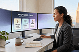 A professional woman at a modern desk looking at three monitors, with the center screen displaying a “ChatGPT Model Finder” comparing Fast, Thinking, and Pro models.