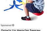 Horrible photoshop foreshortening with small girl on one end of see saw and much larger boy on the other end closer to the camera