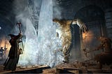 A sorcerer or mage in the first Dragon’s Dogma game striking a troll with a massive vertical pillar of ice
