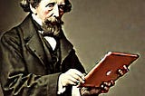 Image via Stable Diffusion. Prompt: “Charles Dickens holding an iPad”