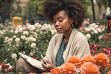 African American woman sitting in a flower garden — AI Art by Saran
