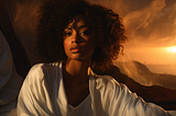 very dark-skinned black woman in a white robe, in bed with white silk sheets, very short curly afro sunrise in the background of the bedroom window