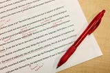 Photo of an essay on racism with red edits and a red ballpoint pen beside it, sitting on a light wooden surface