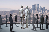 Image of a group of people surrounding two androids overlooking a ciy in a valley.