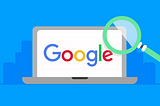 A flat icon image of a grey open laptop, displaying a white screen with Googles logo on the laptops screen. A green magnifying glass lays on the top right corner of the laptop. The image is all on top of a blue background.