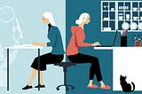 Hybrid Work Schedule. Woman in hybrid work place sharing her time between an office and working from home remotely, EPS 8 vector illustration