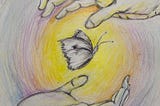 Image of two open hands facing each other, one above the other with a white cabbage butterfly floating in between.