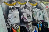 colorful street art of block heads with forks skewering bananas