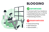 Illustration of a male blogging and a list of advantages and disadvantages of blogging