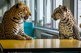 Two leopards sitting in an office breakroom at a table.