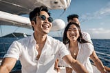 Asian male in his 30s, semi-fit build, partying on a yacht in the middle of the ocean on a sunny day with friends