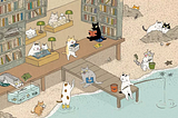 illustration of a library that is at the endge of the water. All the patrons are cats. Some are reading, some are fishing, some are at desks, some are trying to sneak up on a hermit crab.