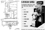 Vintage Sensorama simulator diagrams and advertisement highlighting the early immersive virtual reality experience with 3D, motion, color, stereo sound, aromas, wind, and vibrations.