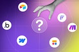 Hand pointing to question mark surrounded by no-code platform logos on purple-to-yellow gradient background.